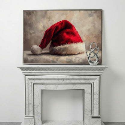Red Santa Hat Canvas Wall Art in silver floating frame