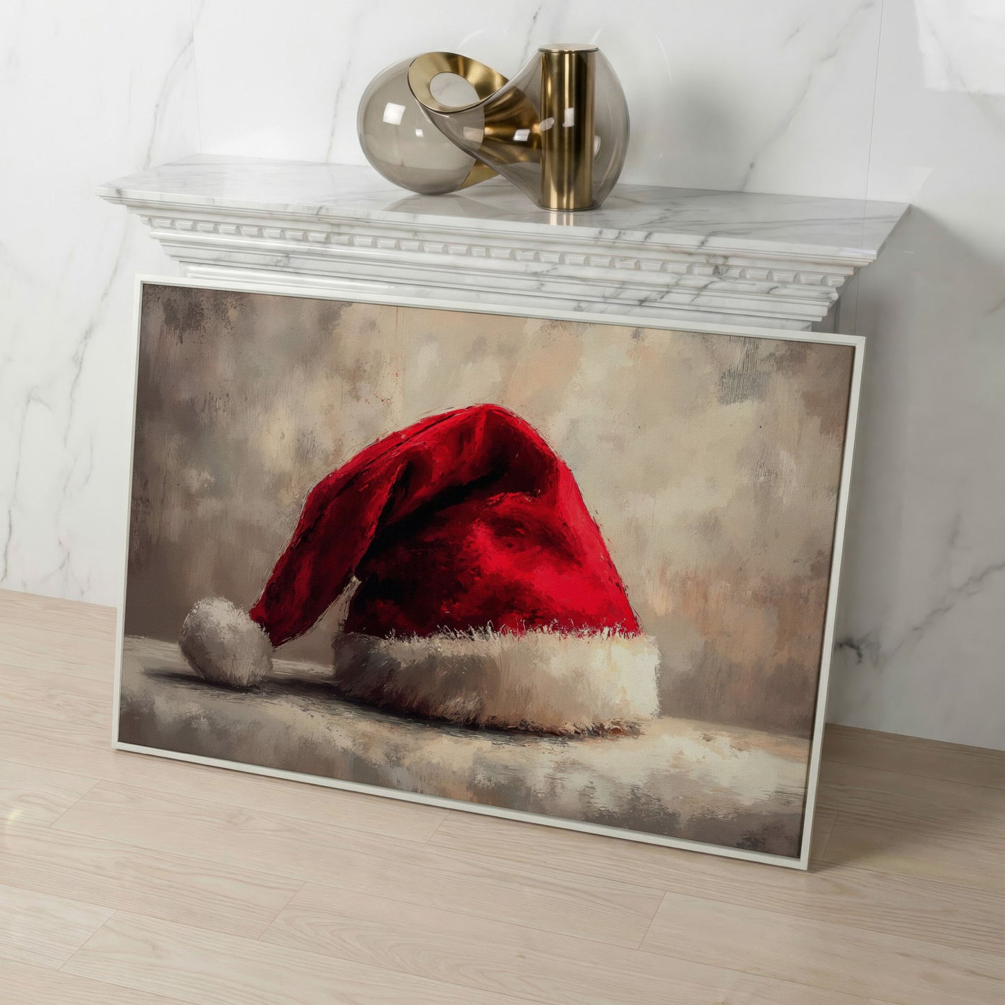 Red Santa Hat Canvas Wall Art in white floating frame