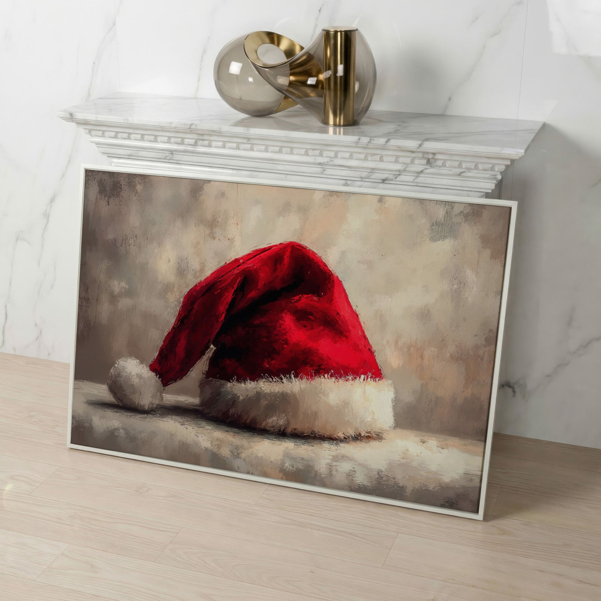 Red Santa Hat Canvas Wall Art in white floating frame