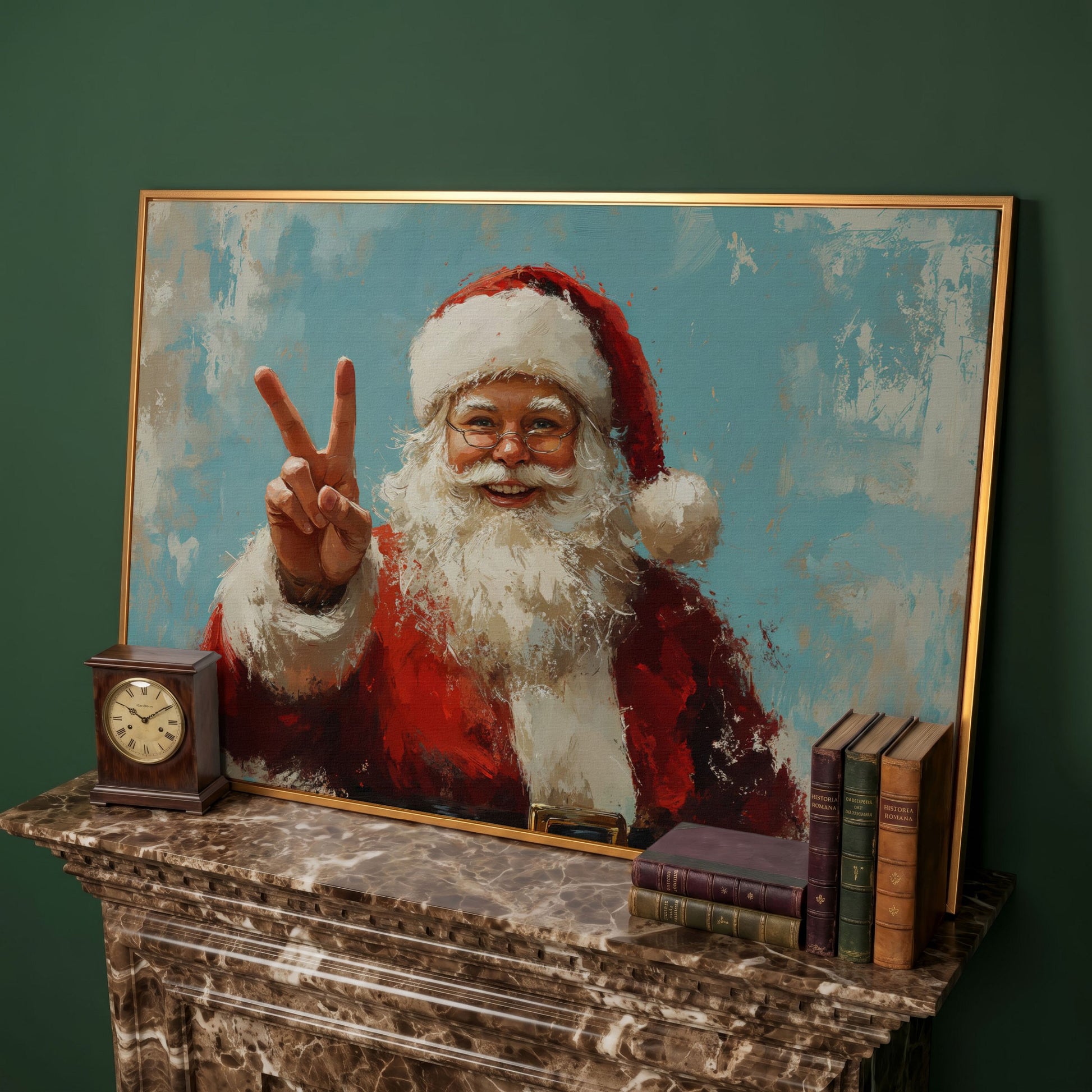 Happy Santa Portrait Canvas Print with Peace Sign in antique gold floating frame