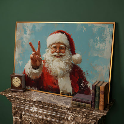 Happy Santa Portrait Canvas Print with Peace Sign in antique gold floating frame