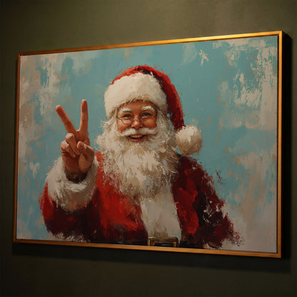 Happy Santa Portrait Canvas Print with Peace Sign shown in antique gold floating frame