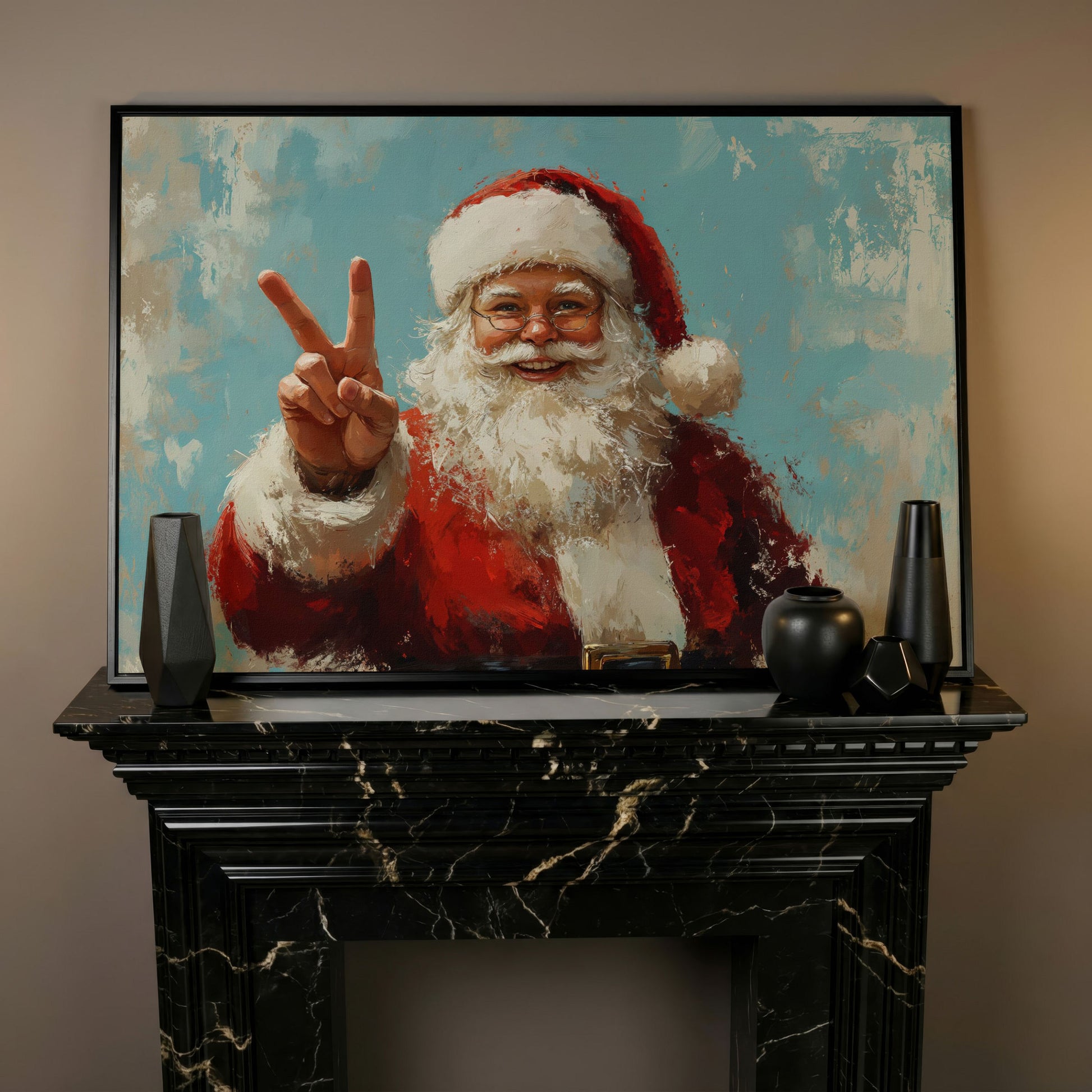 Happy Santa Portrait Canvas Print with Peace Sign in black floating frame