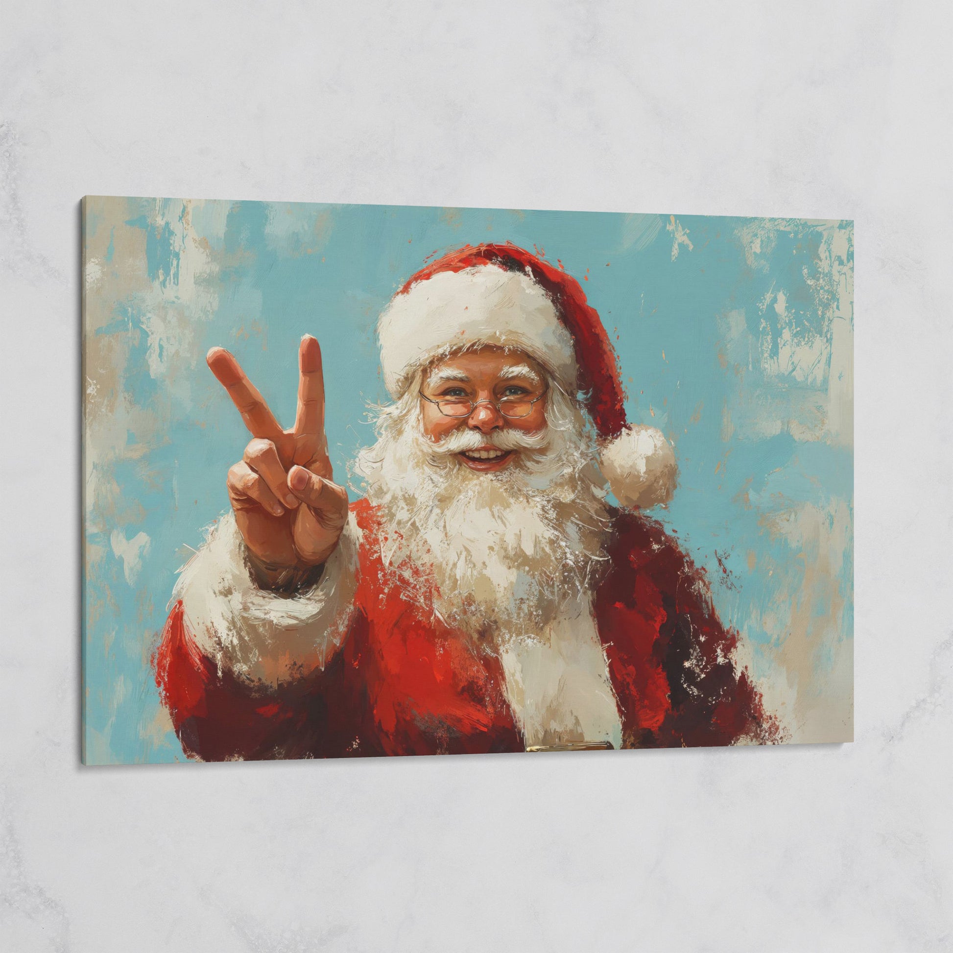 Happy Santa Portrait Canvas Print with Peace Sign on gallery wrap