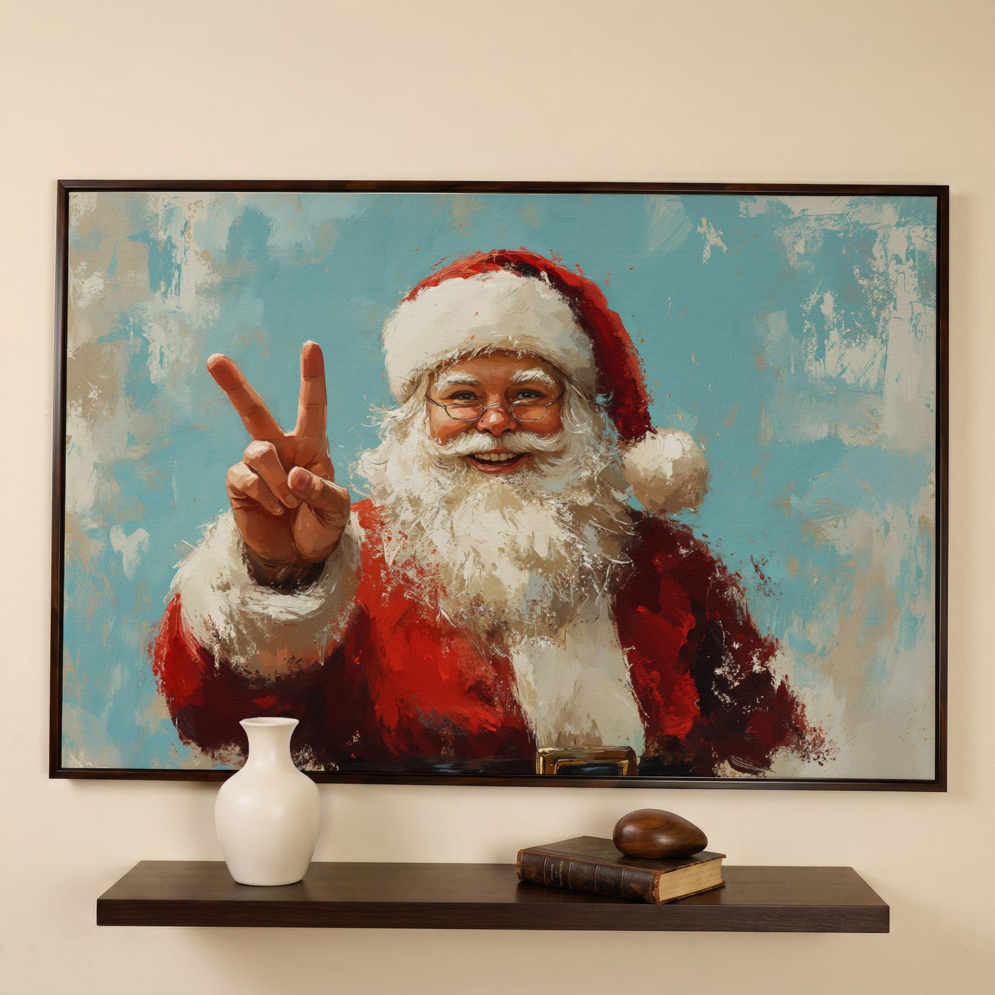 Happy Santa Portrait Canvas Print with Peace Sign in dark walnut floating frame