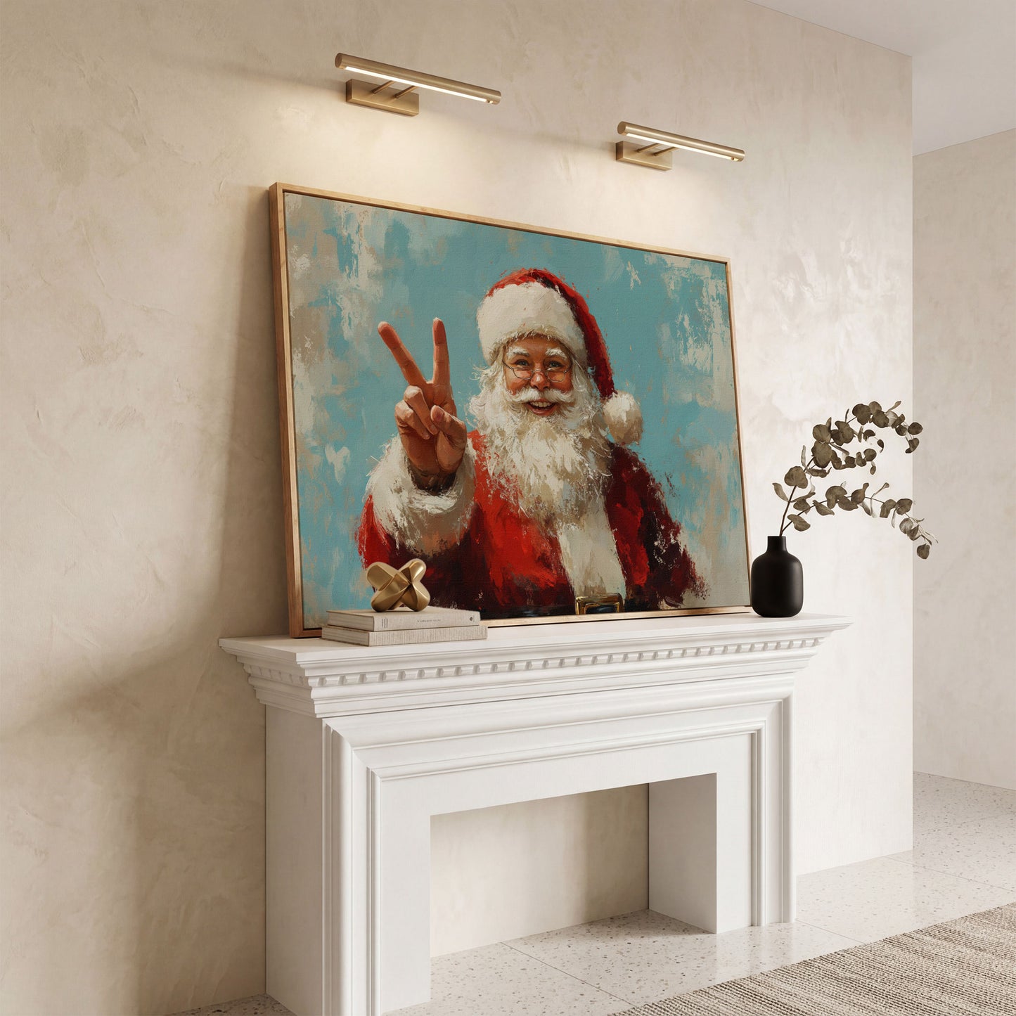 Happy Santa Portrait Canvas Print with Peace Sign in white oak floating frame
