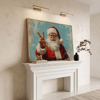Happy Santa Portrait Canvas Print with Peace Sign in white oak floating frame
