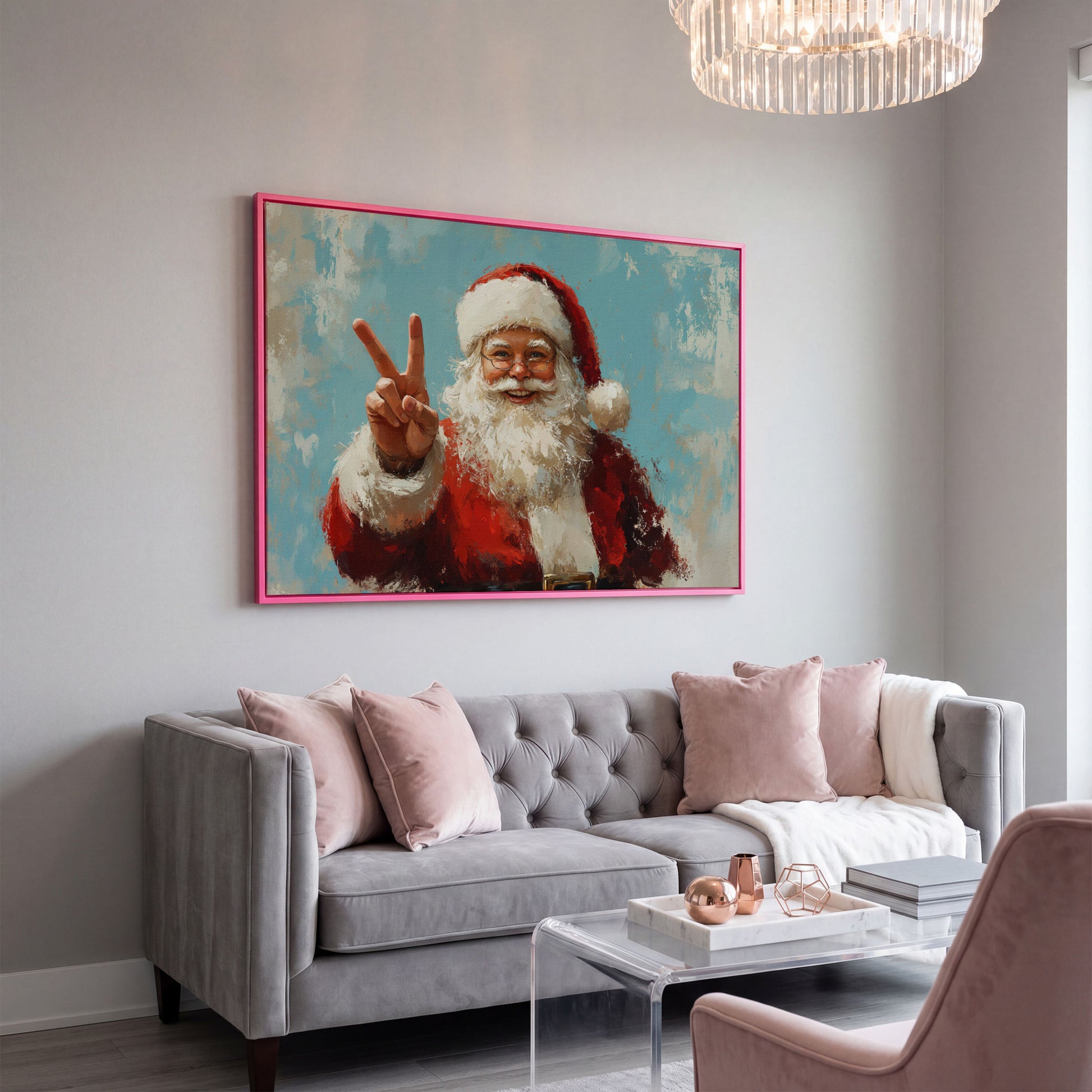 Happy Santa Portrait Canvas Print with Peace Sign in pink floating frame