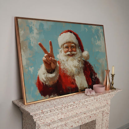 Happy Santa Portrait Canvas Print with Peace Sign in rose gold floating frame