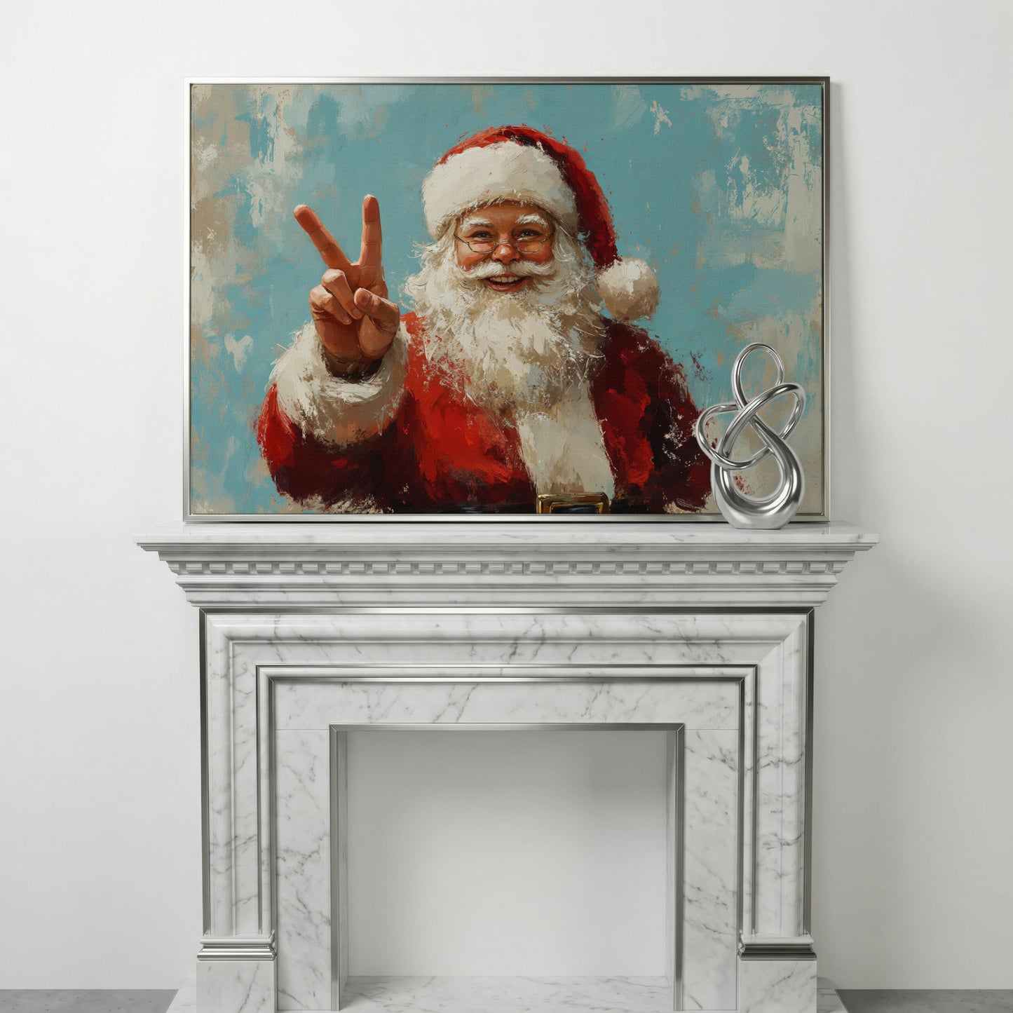 Happy Santa Portrait Canvas Print with Peace Sign in silver floating frame