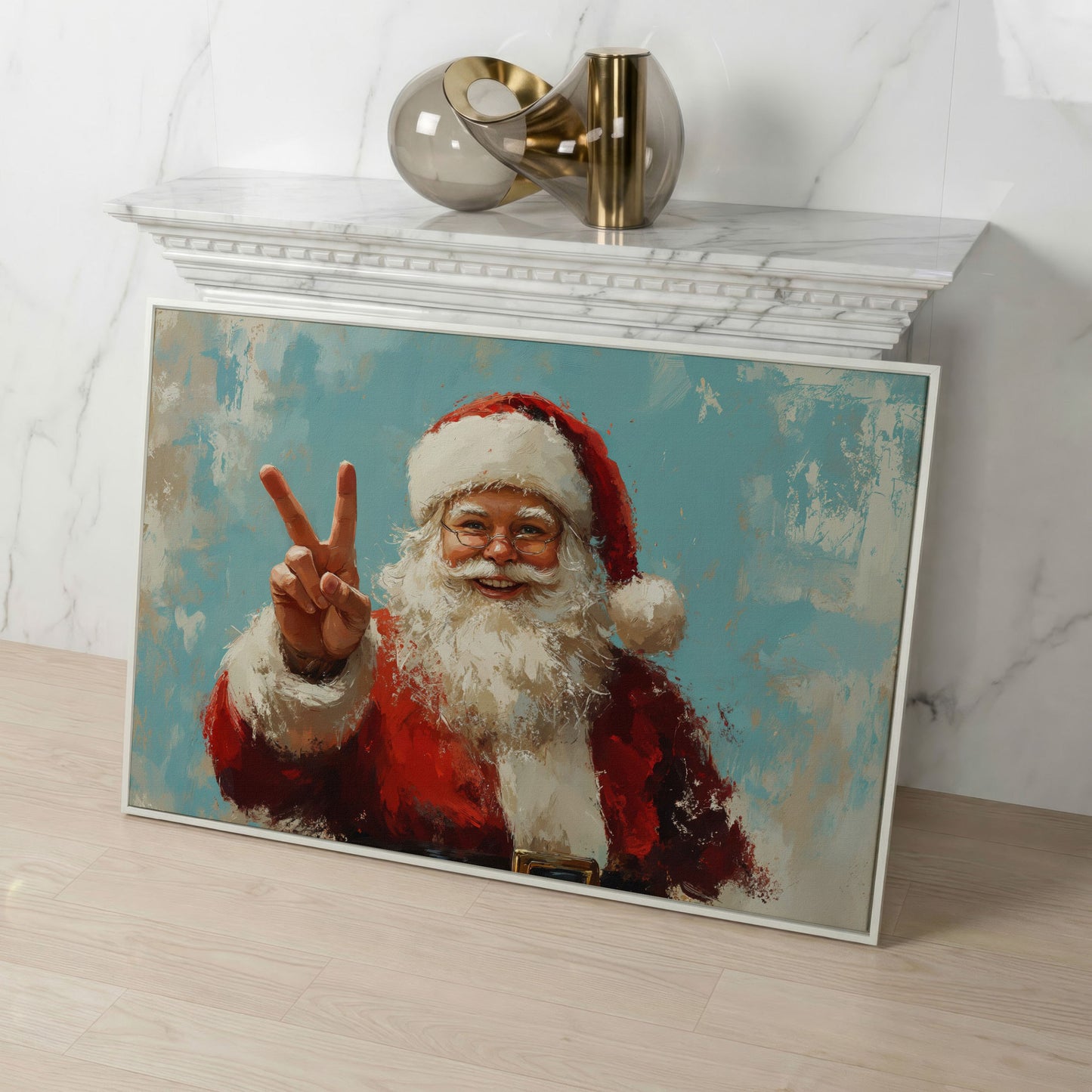 Happy Santa Portrait Canvas Print with Peace Sign in white floating frame