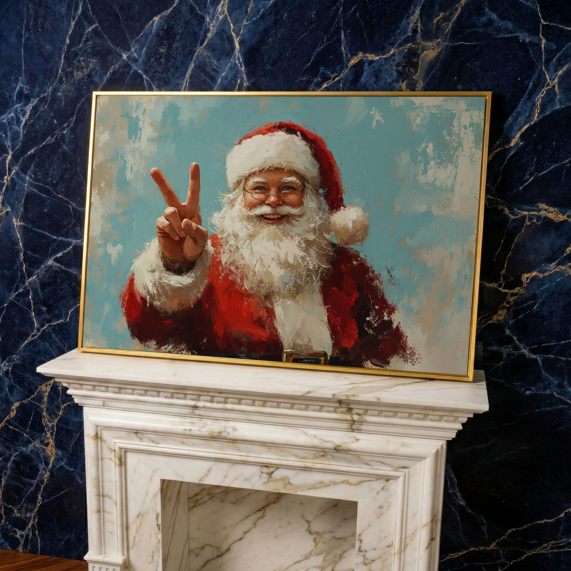 Happy Santa Portrait Canvas Print with Peace Sign in yellow gold floating frame