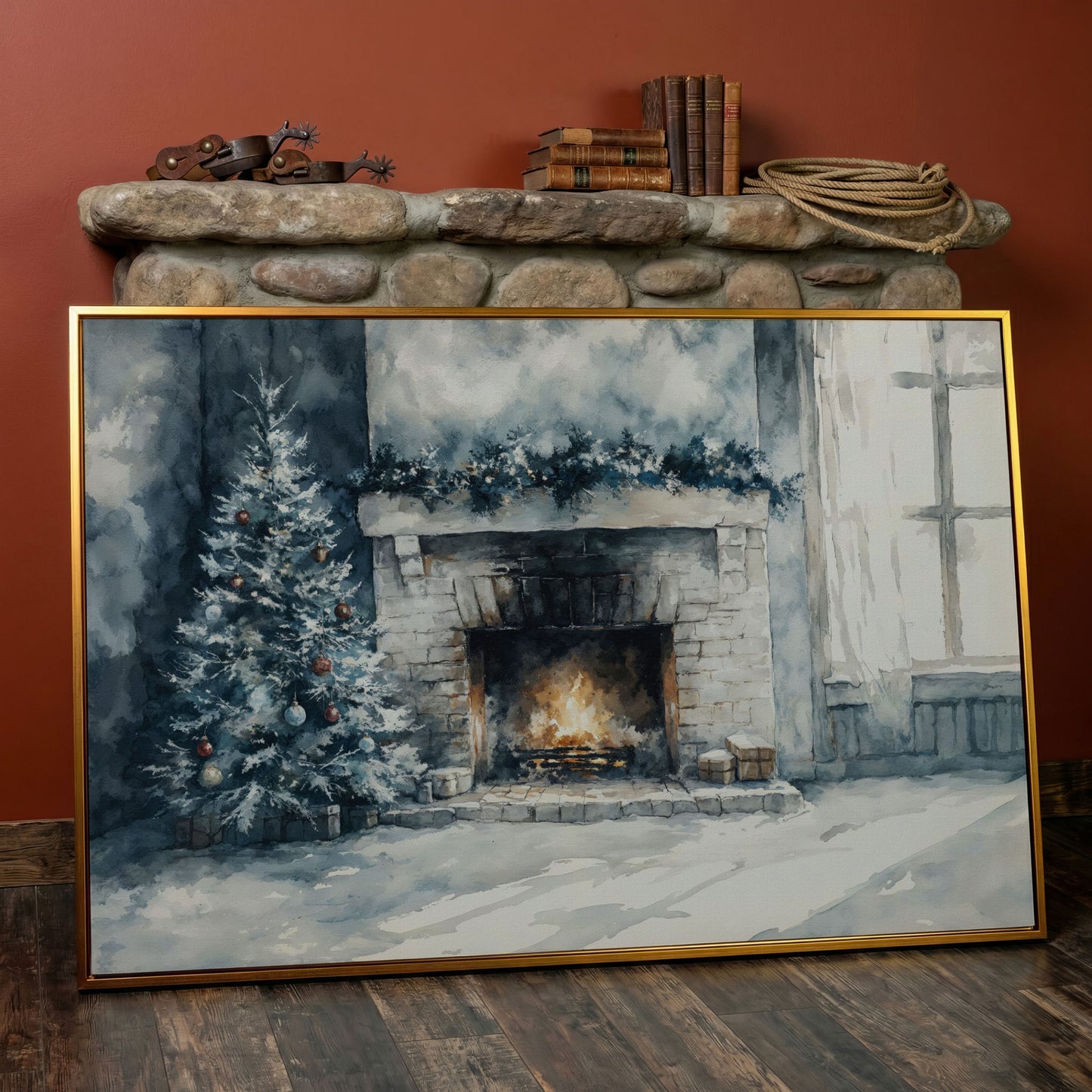 Christmas Tree by Cozy Fireplace Canvas Print in antique gold floating frame