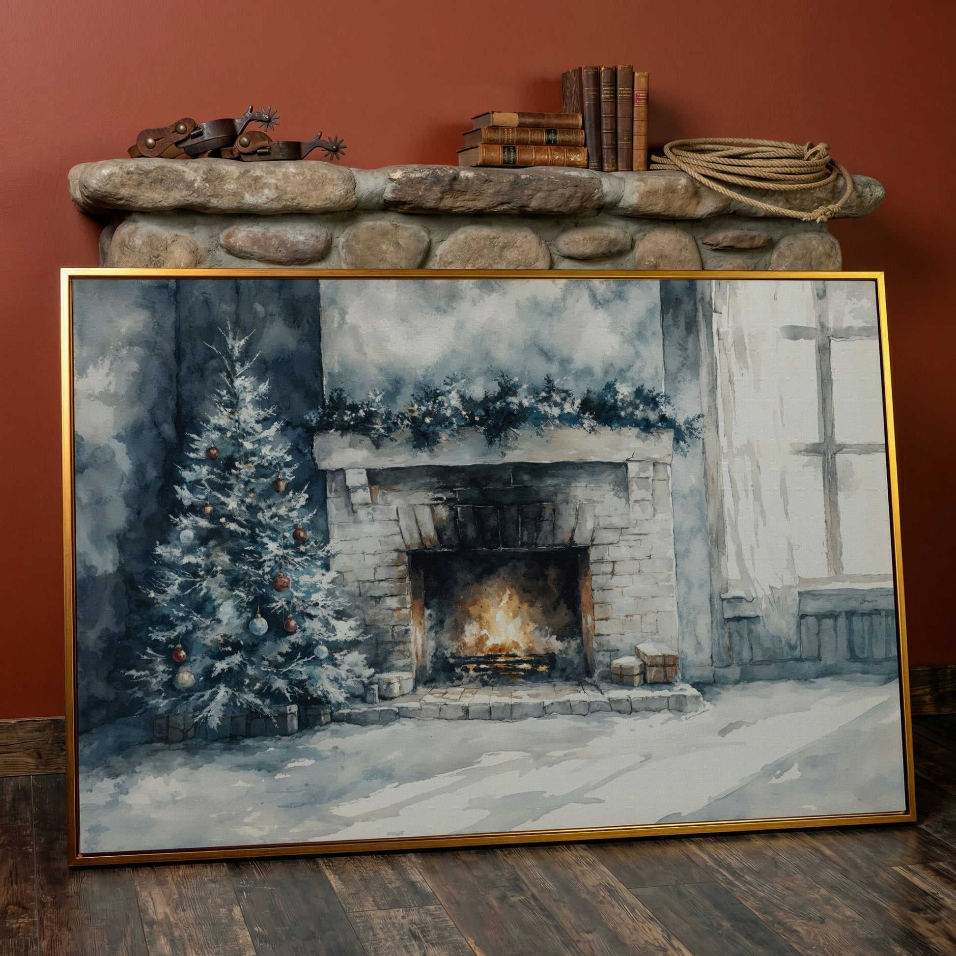 Christmas Tree by Cozy Fireplace Canvas Print in antique gold floating frame