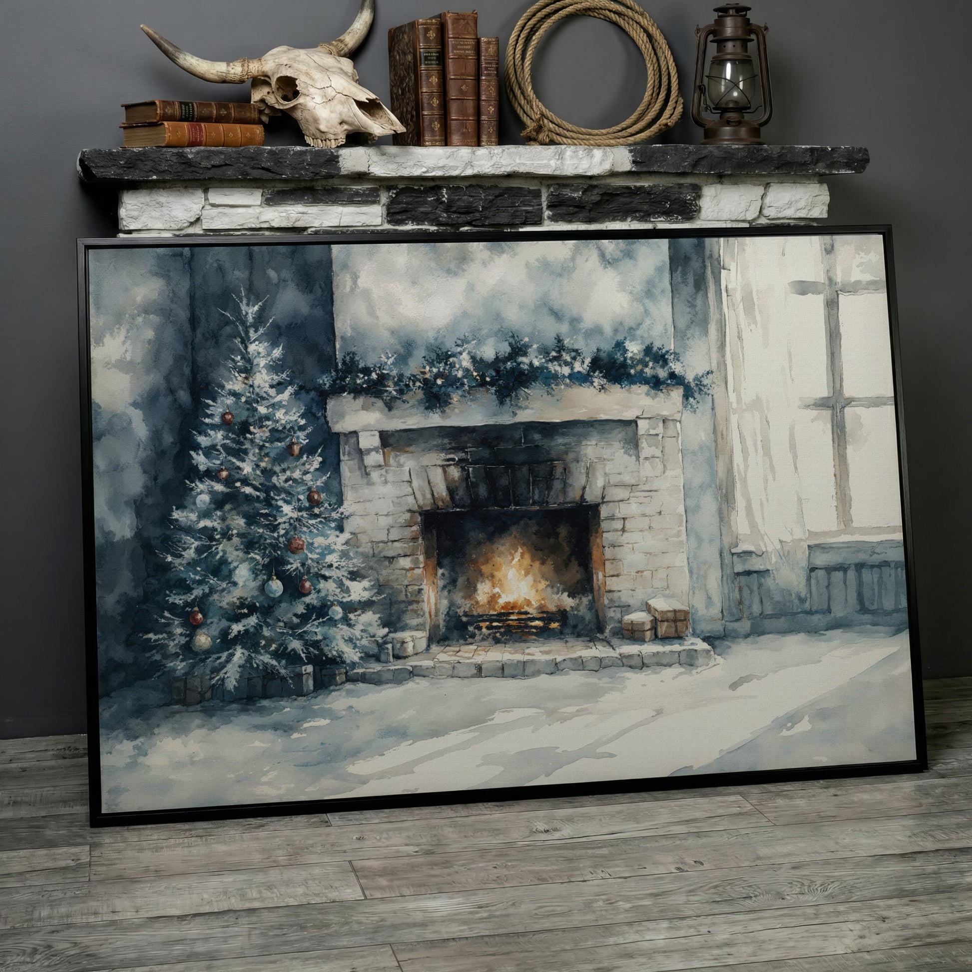 Christmas Tree by Cozy Fireplace Canvas Print in black floating frame