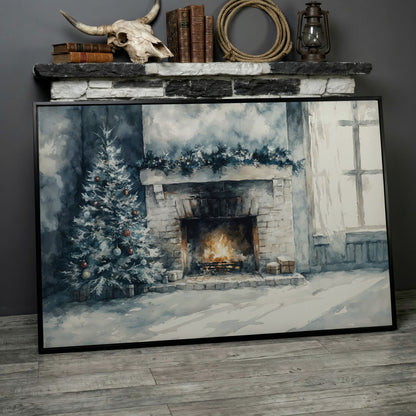 Christmas Tree by Cozy Fireplace Canvas Print in black floating frame