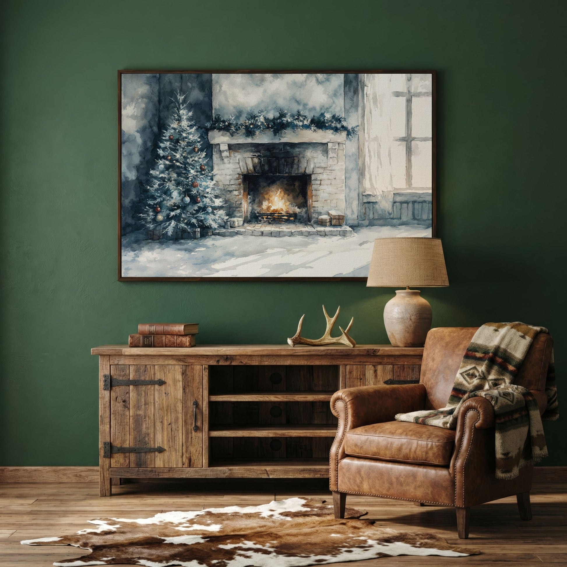 Christmas Tree by Cozy Fireplace Canvas Print in dark walnut floating frame