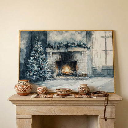 Christmas Tree by Cozy Fireplace Canvas Print in white oak floating frame
