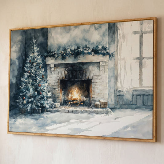 Christmas Tree by Cozy Fireplace Canvas Print shown in white oak floating frame