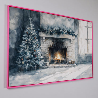 Christmas Tree by Cozy Fireplace Canvas Print in pink floating frame