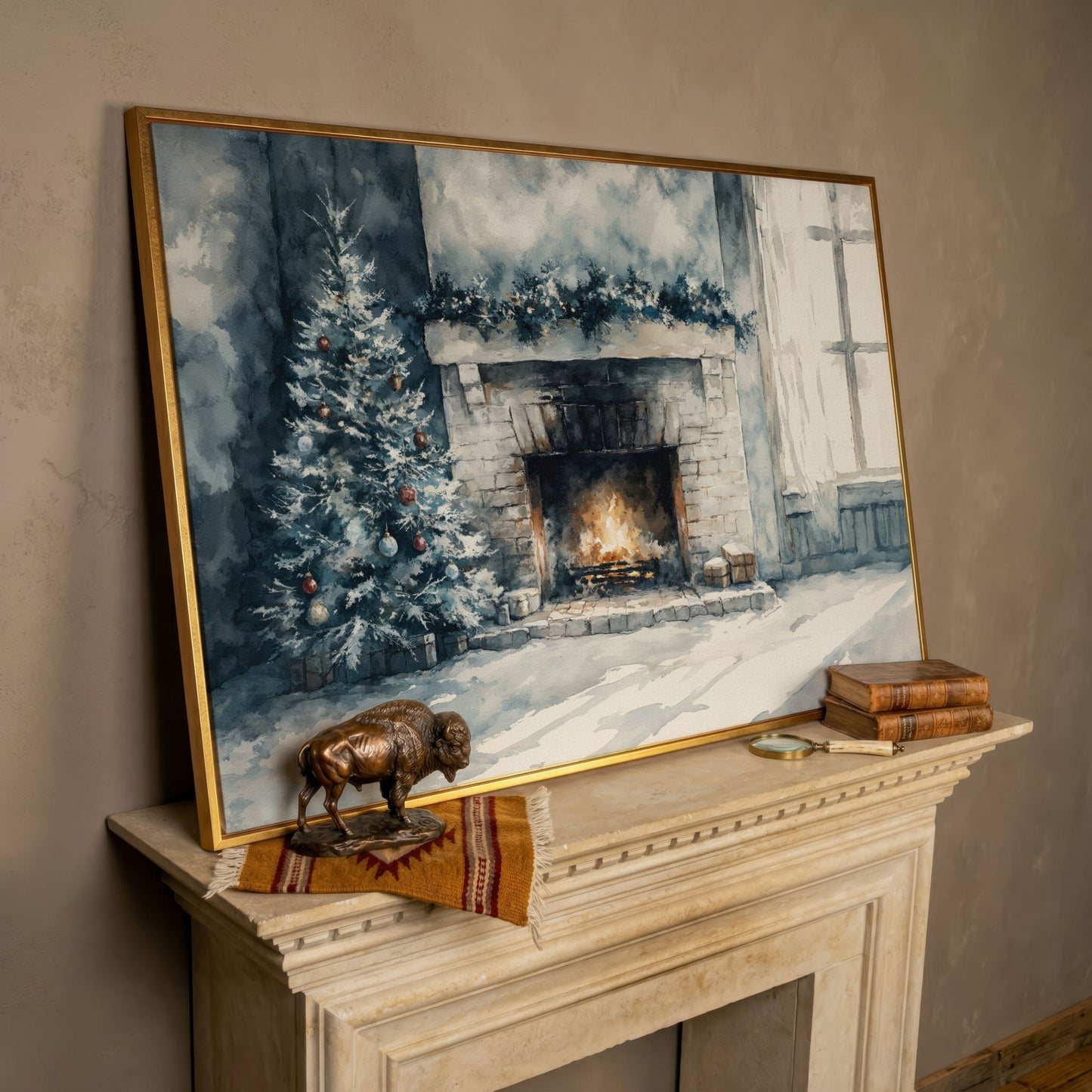 Christmas Tree by Cozy Fireplace Canvas Print in rose gold floating frame