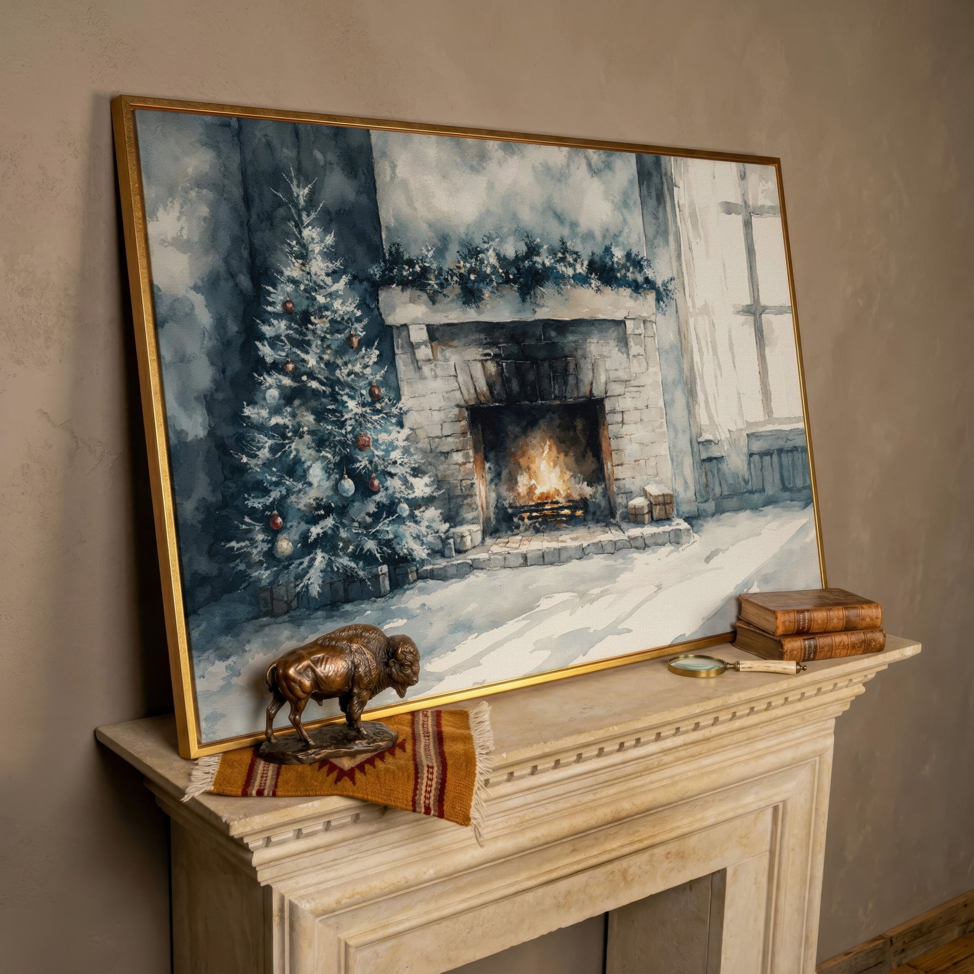 Christmas Tree by Cozy Fireplace Canvas Print in rose gold floating frame