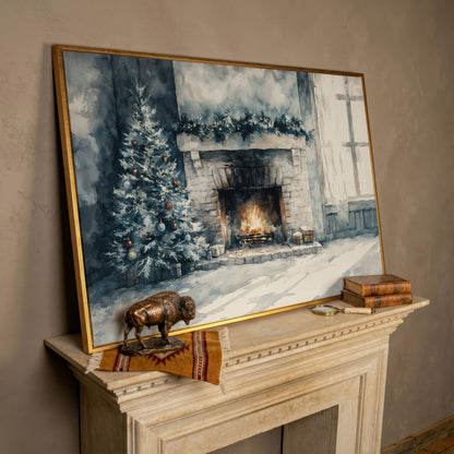 Christmas Tree by Cozy Fireplace Canvas Print in rose gold floating frame