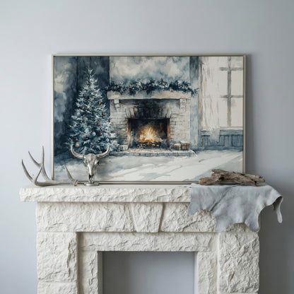 Christmas Tree by Cozy Fireplace Canvas Print in silver floating frame