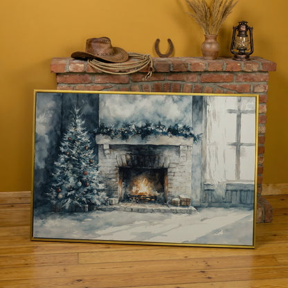 Christmas Tree by Cozy Fireplace Canvas Print in yellow gold floating frame