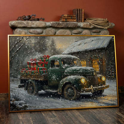 Pickup Truck with Christmas Presents Canvas Print in antique gold floating frame