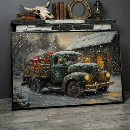 Pickup Truck with Christmas Presents Canvas Print in black floating frame