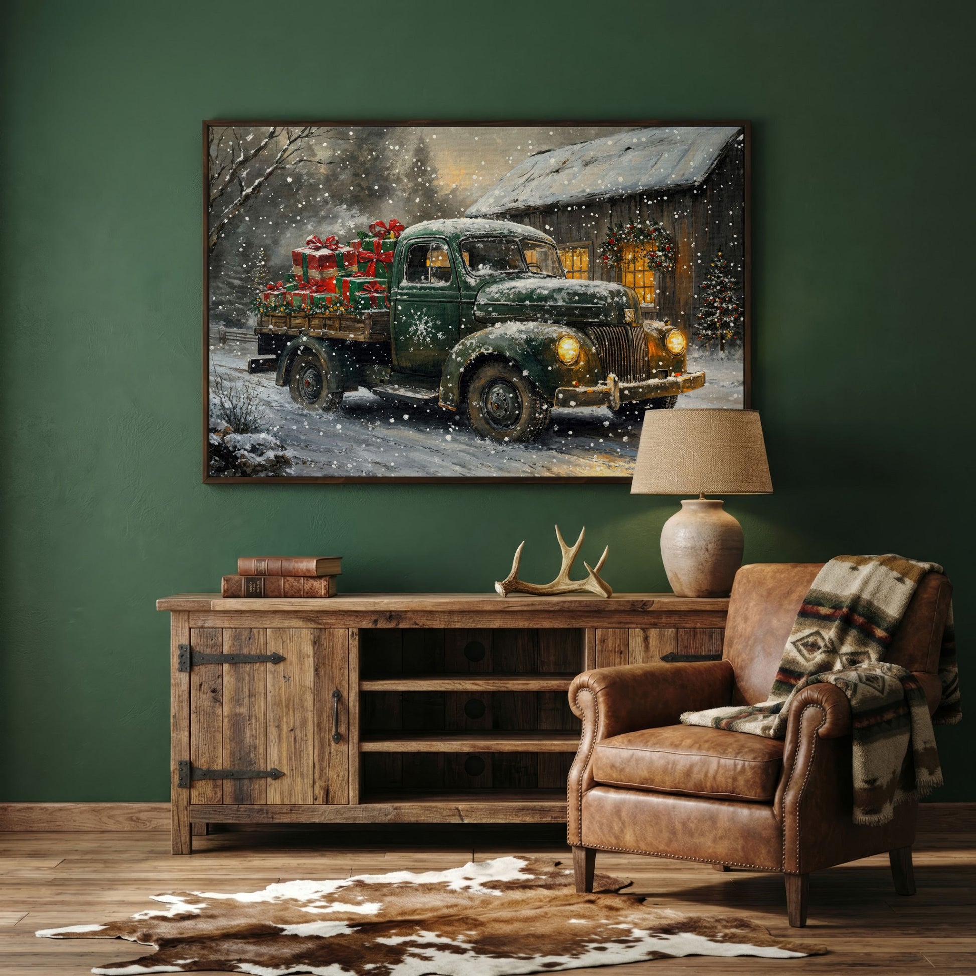 Pickup Truck with Christmas Presents Canvas Print in dark walnut floating frame