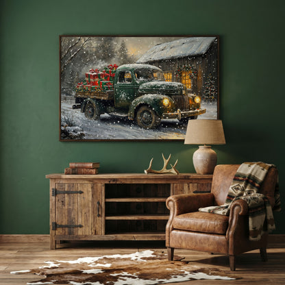 Pickup Truck with Christmas Presents Canvas Print in dark walnut floating frame