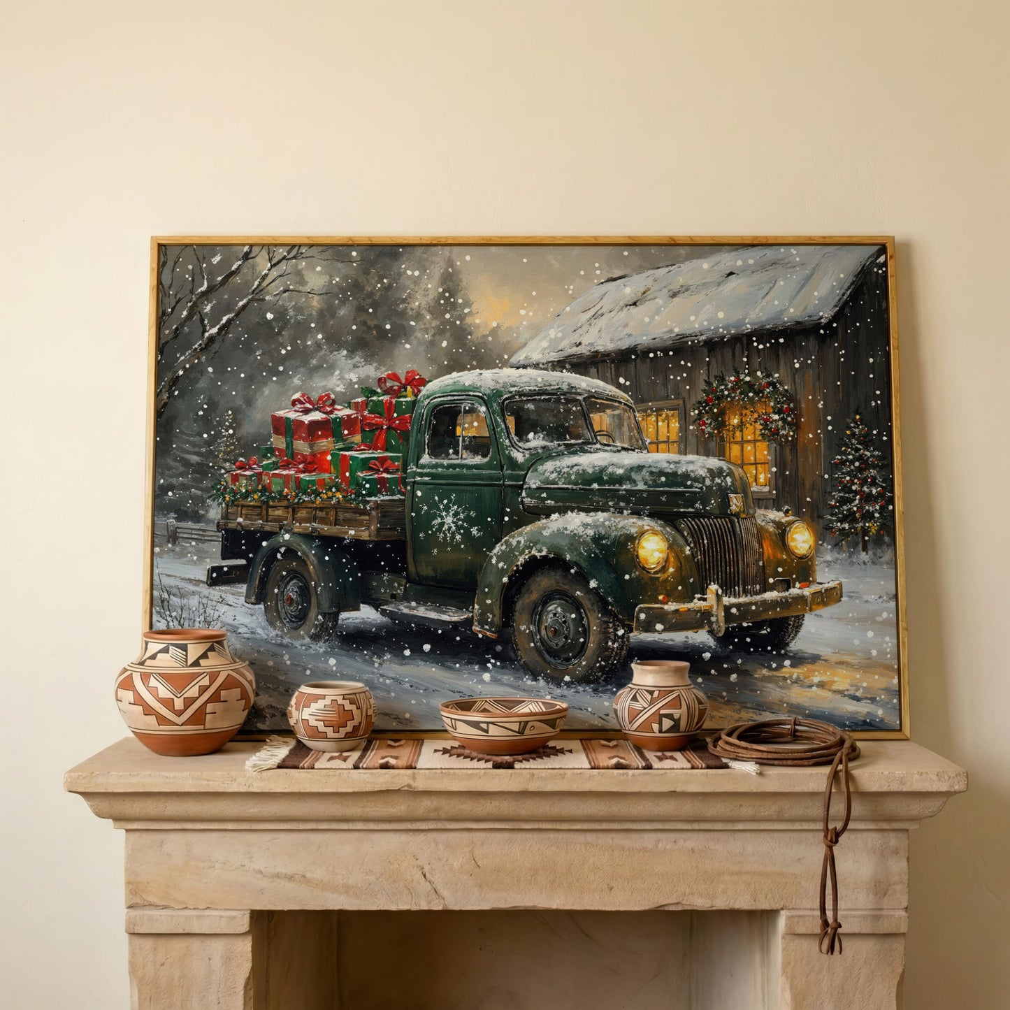 Pickup Truck with Christmas Presents Canvas Print in white oak floating frame