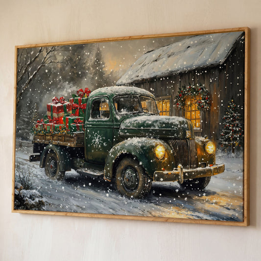 Pickup Truck with Christmas Presents Canvas Print shown in white oak floating frame