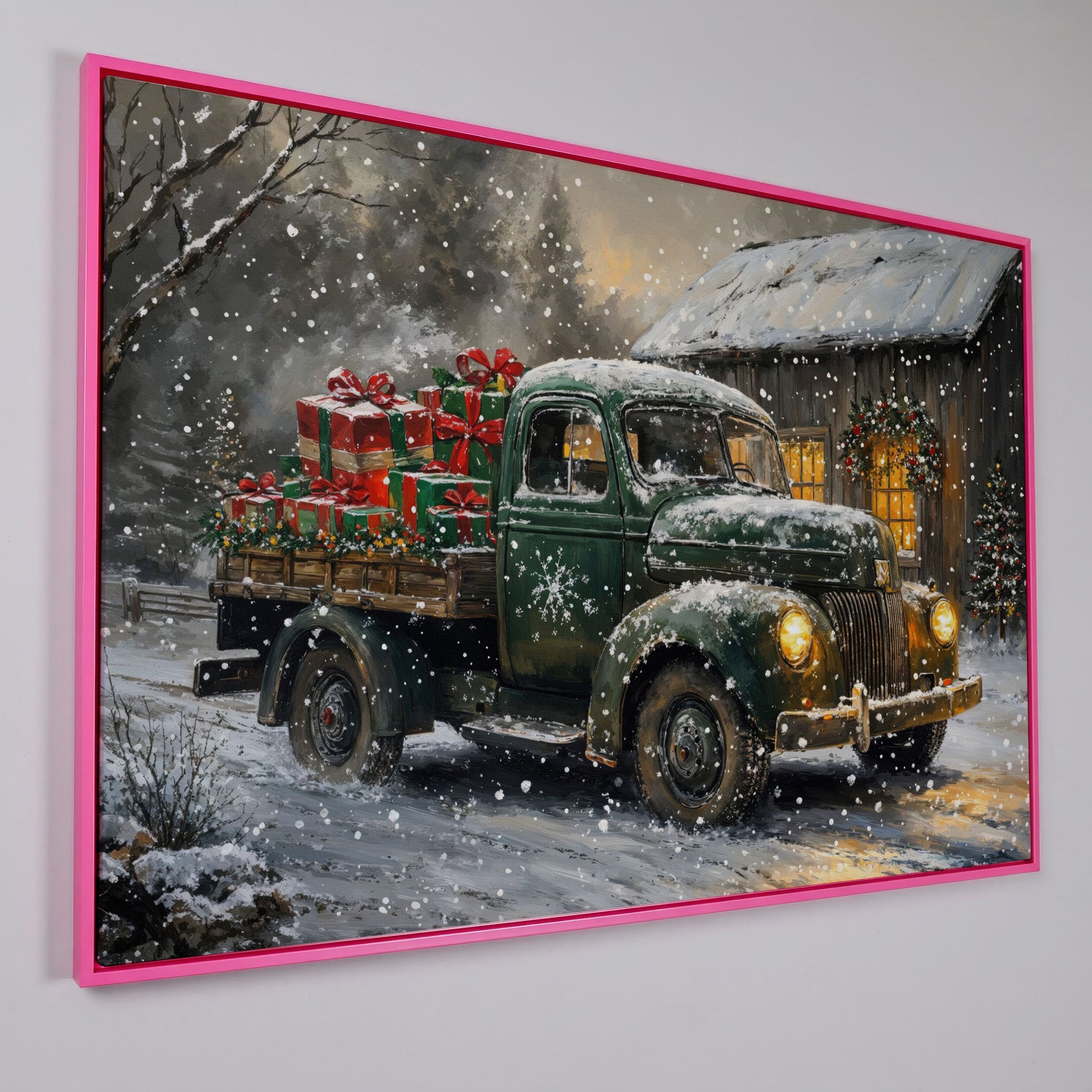 Pickup Truck with Christmas Presents Canvas Print in pink floating frame