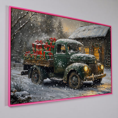 Pickup Truck with Christmas Presents Canvas Print in pink floating frame