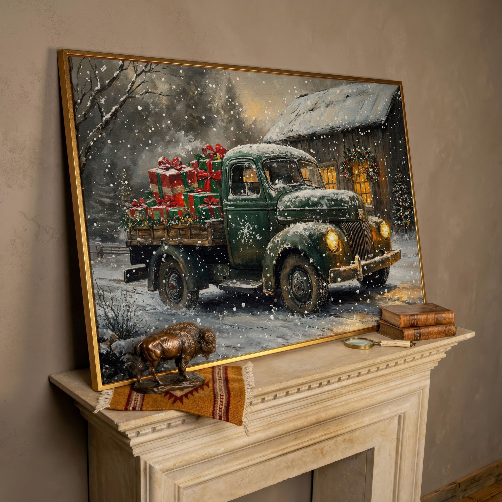 Pickup Truck with Christmas Presents Canvas Print in rose gold floating frame