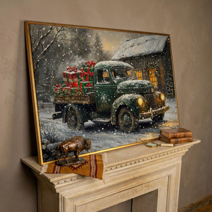 Pickup Truck with Christmas Presents Canvas Print in rose gold floating frame