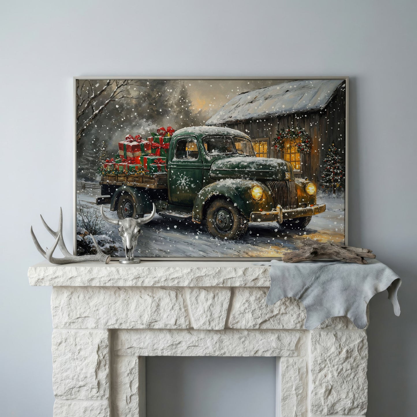 Pickup Truck with Christmas Presents Canvas Print in silver floating frame