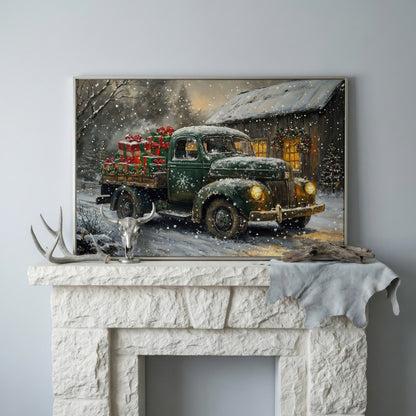 Pickup Truck with Christmas Presents Canvas Print in silver floating frame