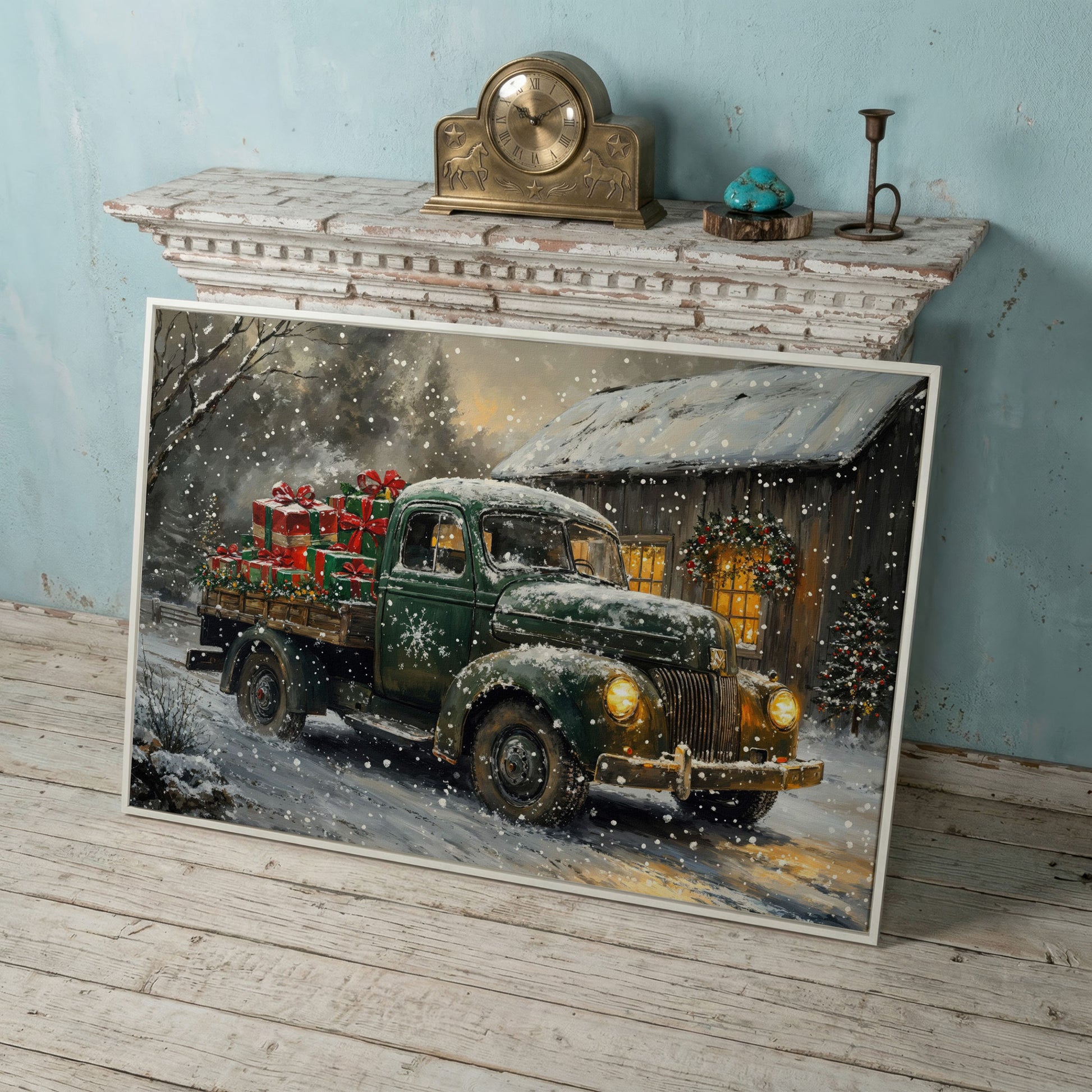 Pickup Truck with Christmas Presents Canvas Print in white floating frame