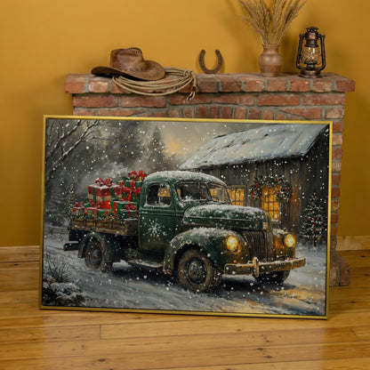 Pickup Truck with Christmas Presents Canvas Print in yellow gold floating frame