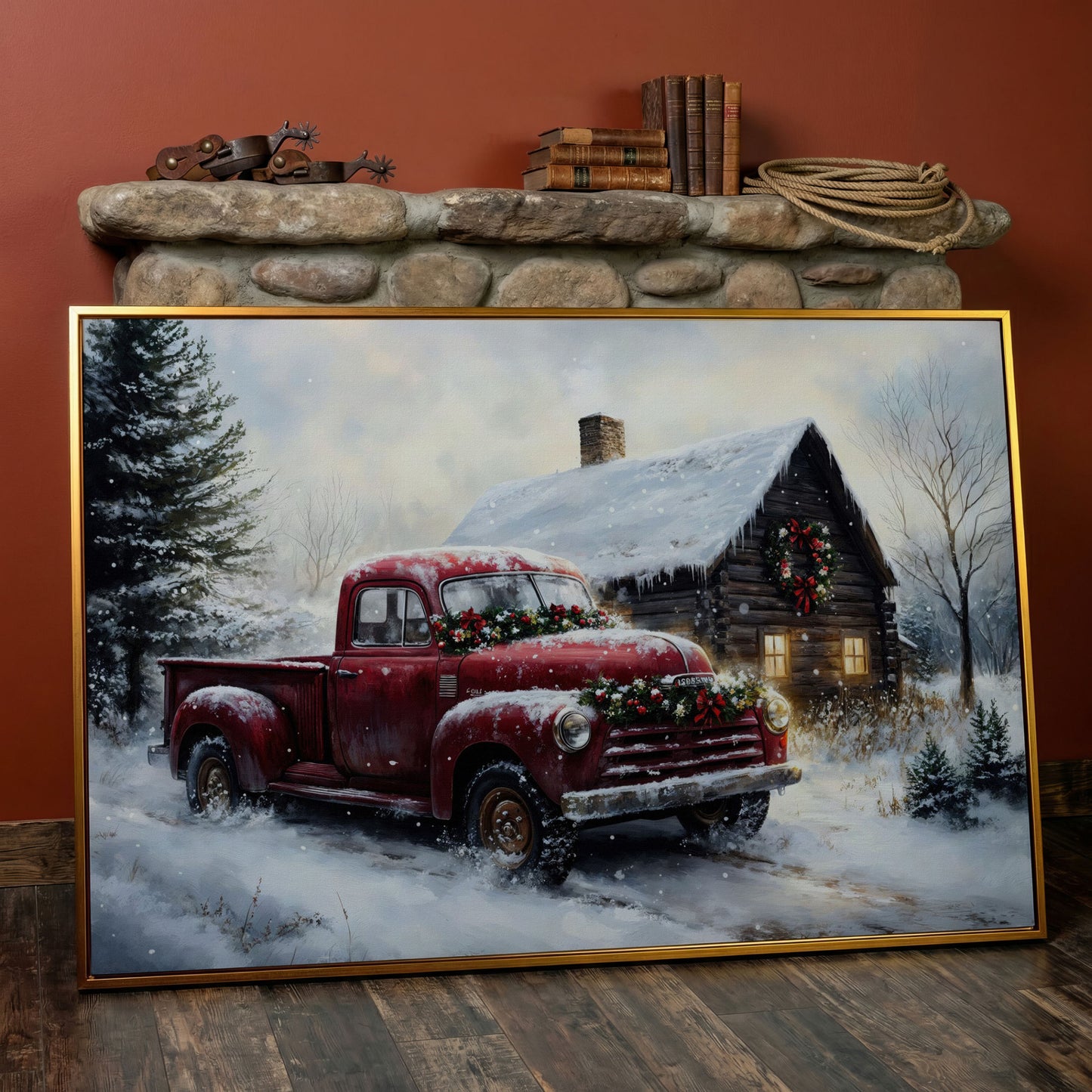 Rustic Cabin with Christmas Red Truck Canvas in antique gold floating frame