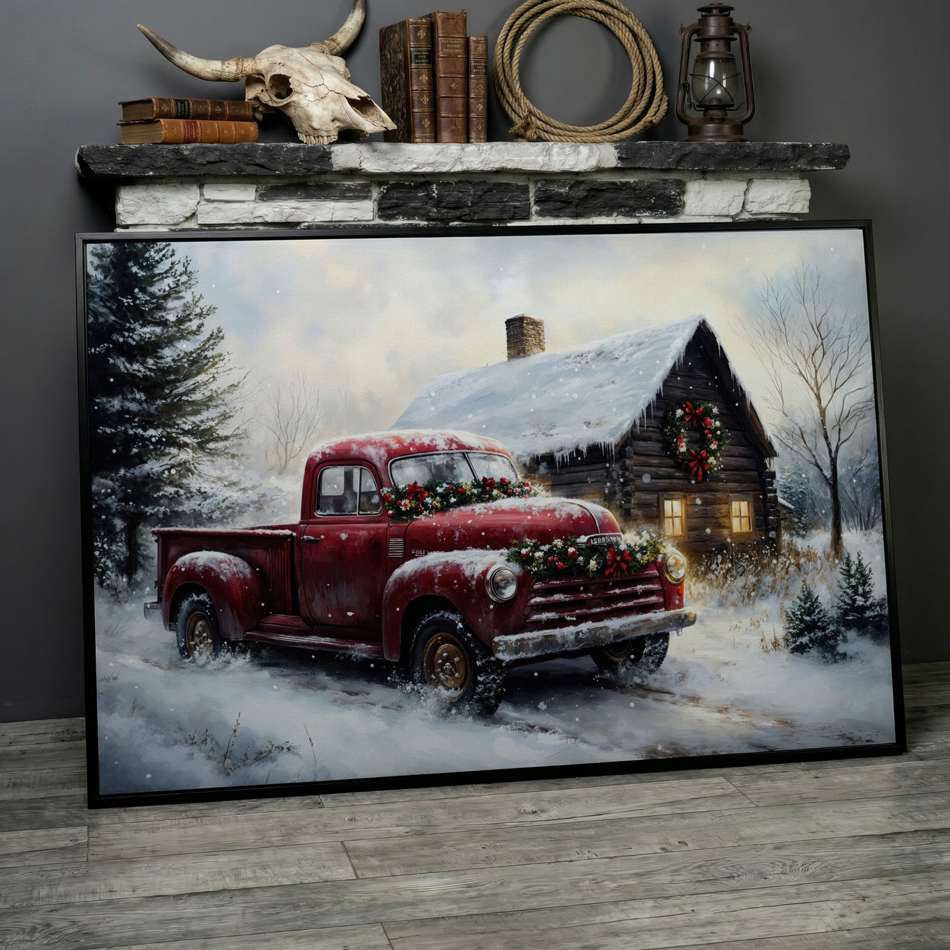 Rustic Cabin with Christmas Red Truck Canvas in black floating frame