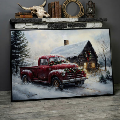 Rustic Cabin with Christmas Red Truck Canvas in black floating frame
