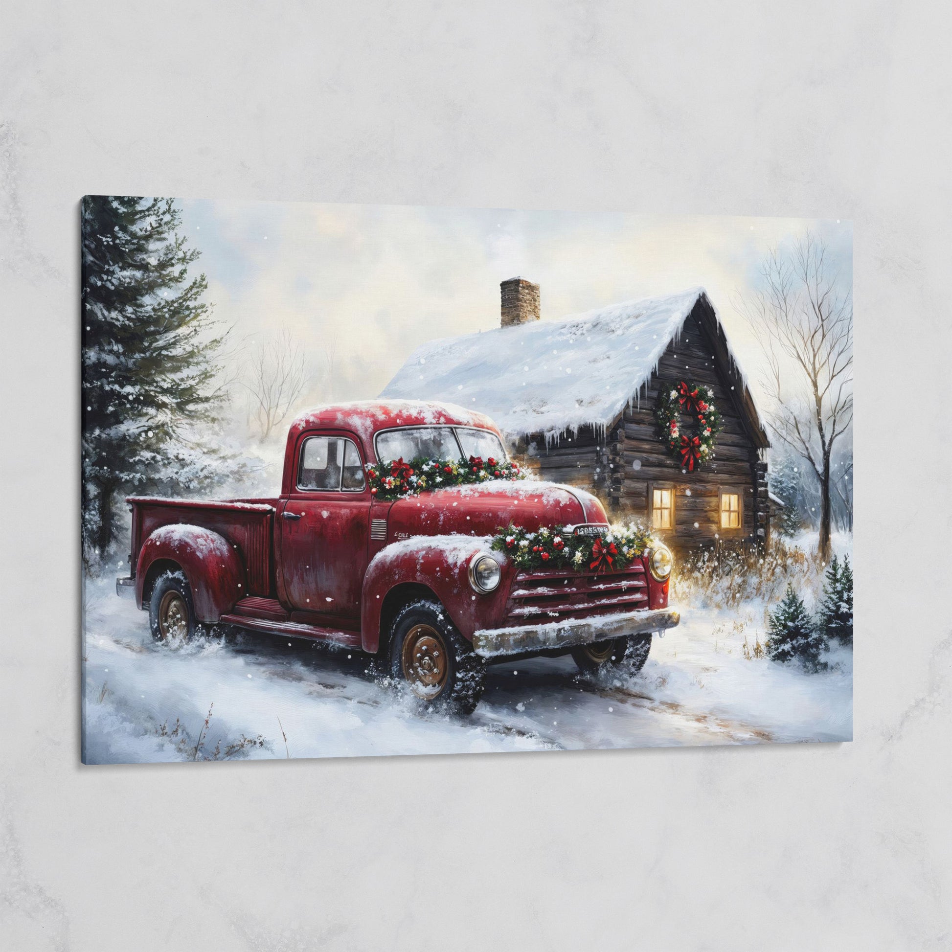 Rustic Cabin with Christmas Red Truck Canvas on gallery wrap