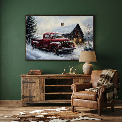 Rustic Cabin with Christmas Red Truck Canvas in dark walnut floating frame