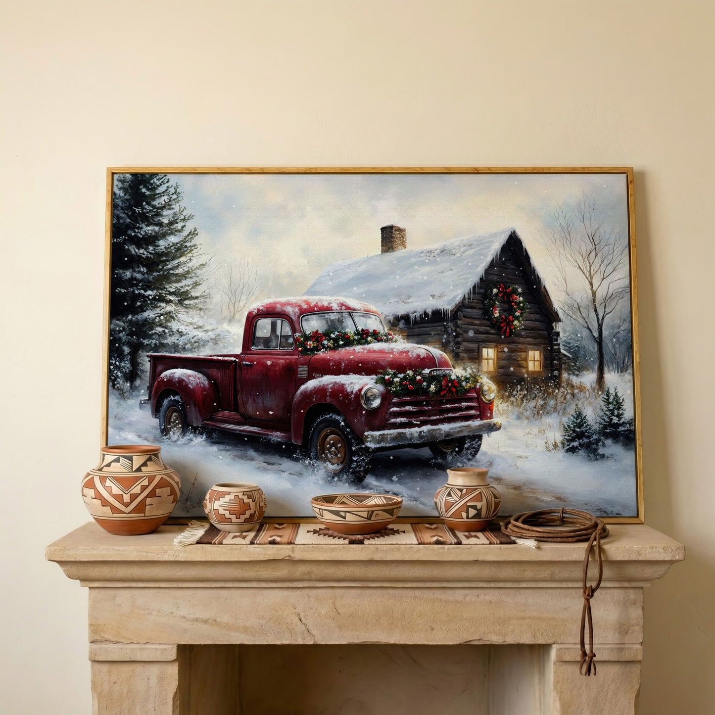 Rustic Cabin with Christmas Red Truck Canvas in white oak floating frame