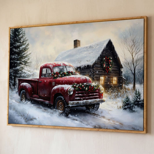 Rustic Cabin with Christmas Red Truck Canvas shown in white oak floating frame